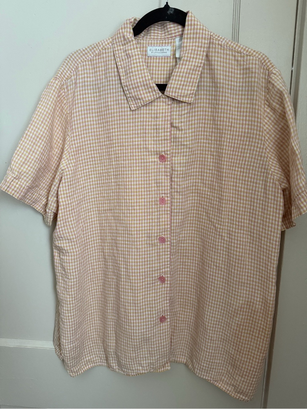 Liz Claiborne Peach Gingham Short-Sleeve Button-Down Shirt